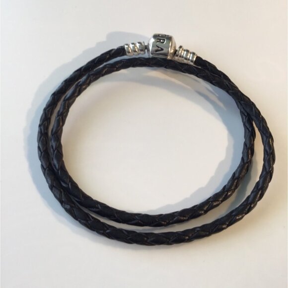 Authentic PANDORA Double BLACK Leather Bracelet ==13.78 In. - Picture 1 of 5